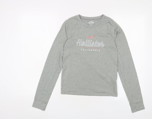 Hollister Womens Grey Cotton Basic T-Shirt Size XS Crew Neck - Logo, Embroidered