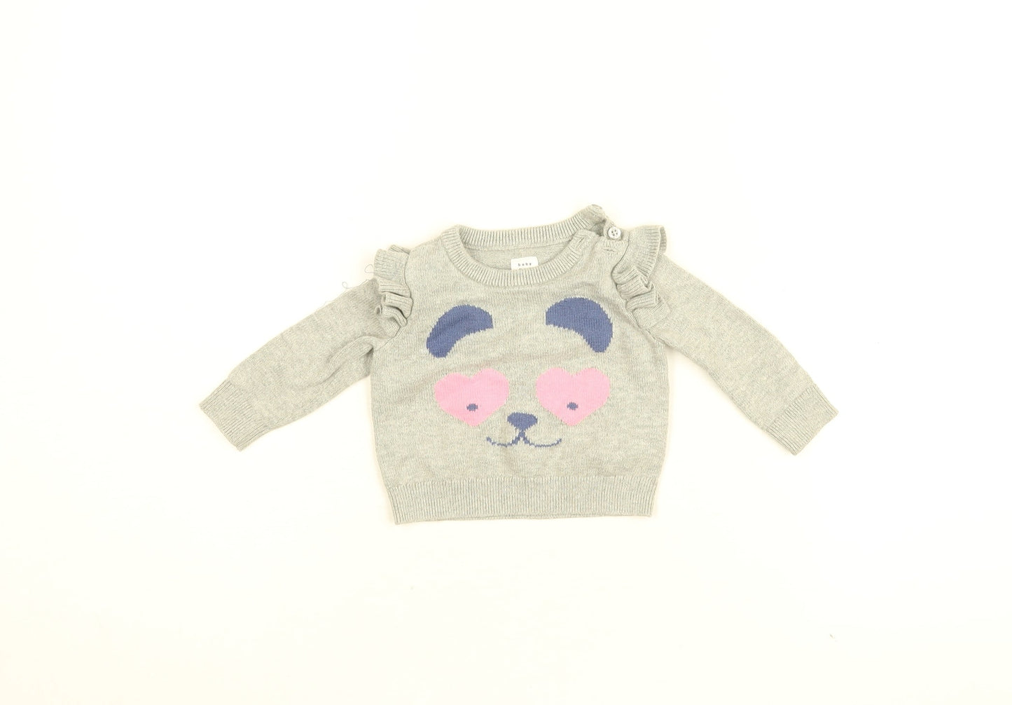 Gap Baby Grey Cotton Pullover Jumper Size 3-6 Months Button - Bear Face