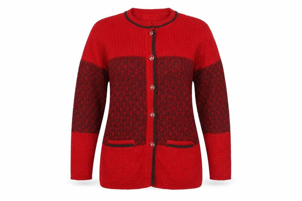 Front view of Priyal Red Wool Cardigan 2XL with Geometric Patterns