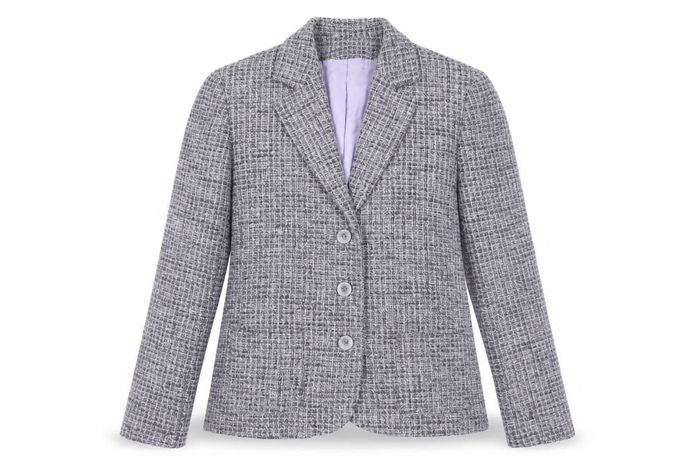 Front view of Frank Walder Purple Bouclé Check Jacket, size 14