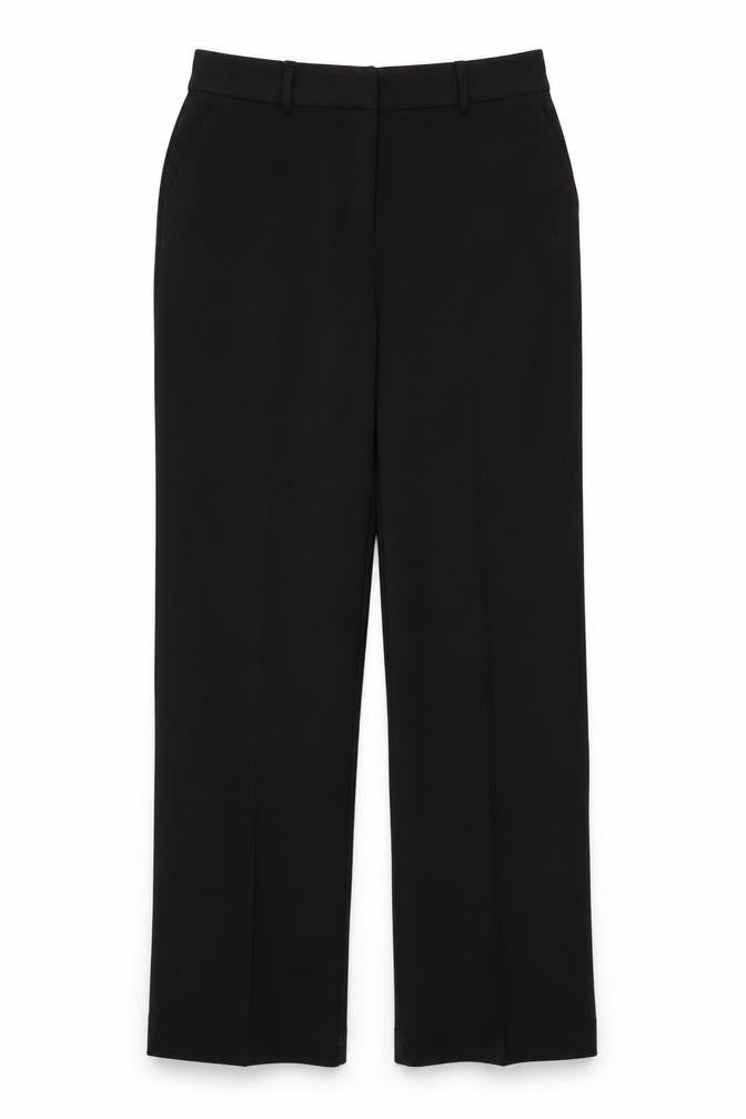 Front view of ICHI women’s black polyester trousers, size UK 8, 30-inch leg regular hook & eye