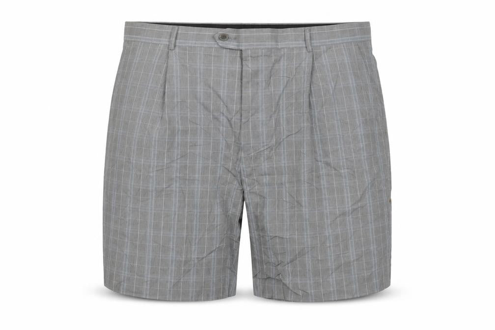 Front view of Maine New England Golf men’s grey plaid cotton chino shorts, size 42, in, 10-inch leg regular button
