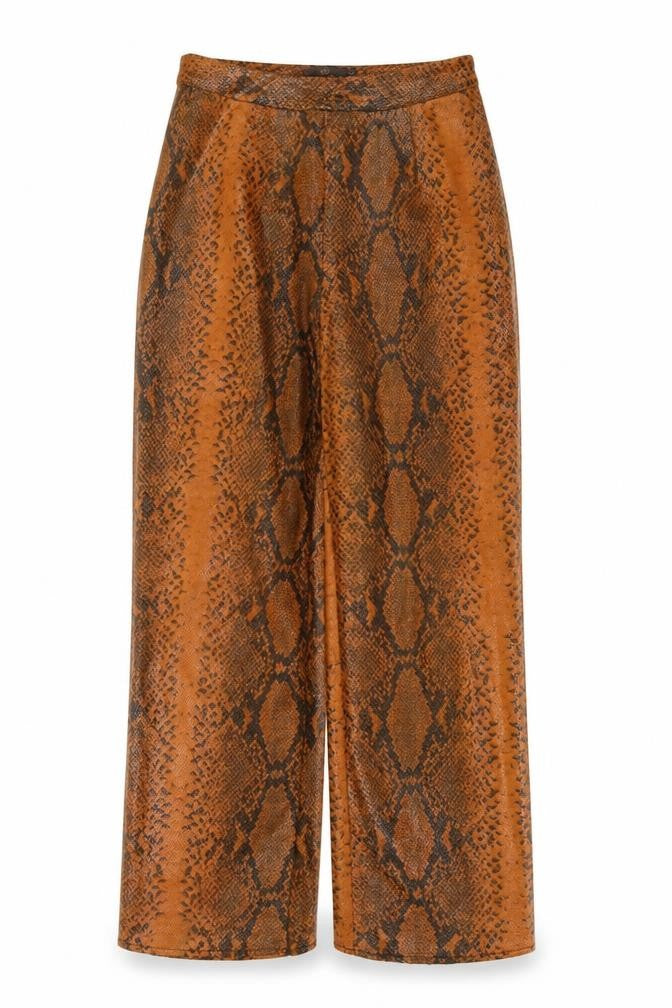 Front view of Missguided women’s orange animal print polyurethane trousers, size UK 12, 28-inch leg regular zip