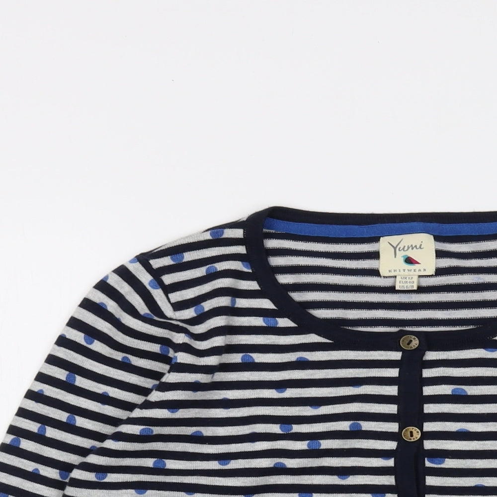 Yumi Womens Blue Round Neck Striped Polyester Cardigan Jumper Size 12