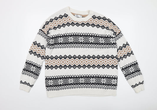 Hollister Mens Ivory Crew Neck Geometric Cotton Pullover Jumper Size S Long Sleeve