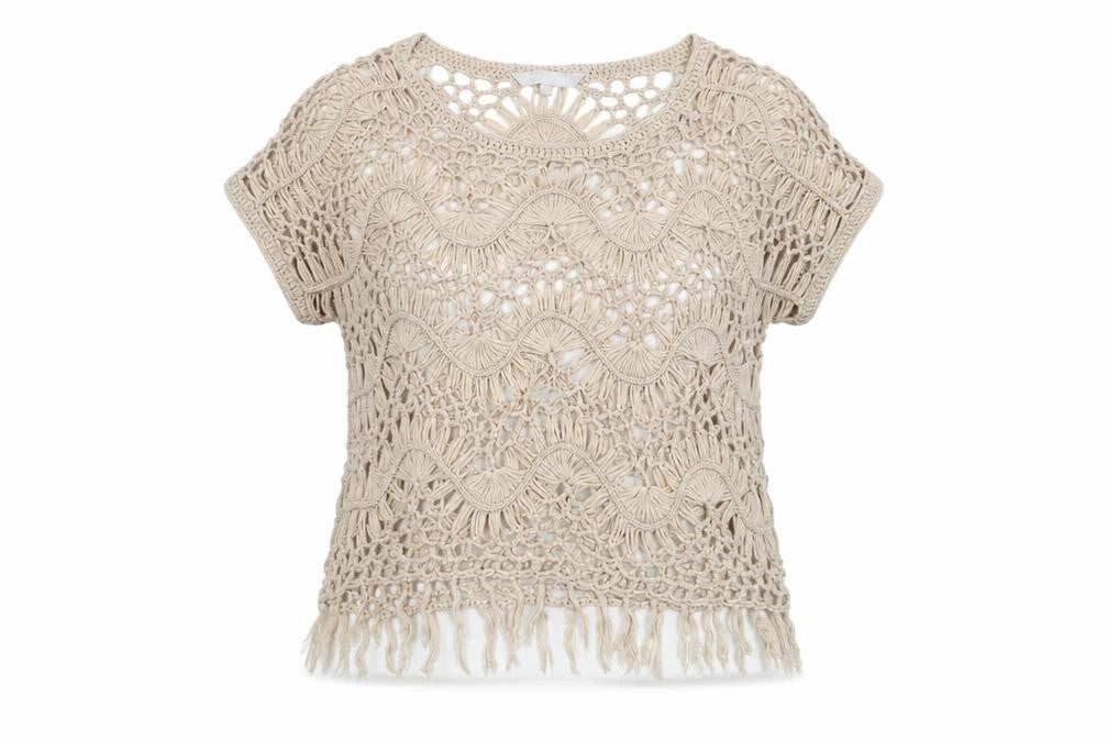Front view of Red Herring women’s beige acrylic basic blouse, size UK 10, round neck