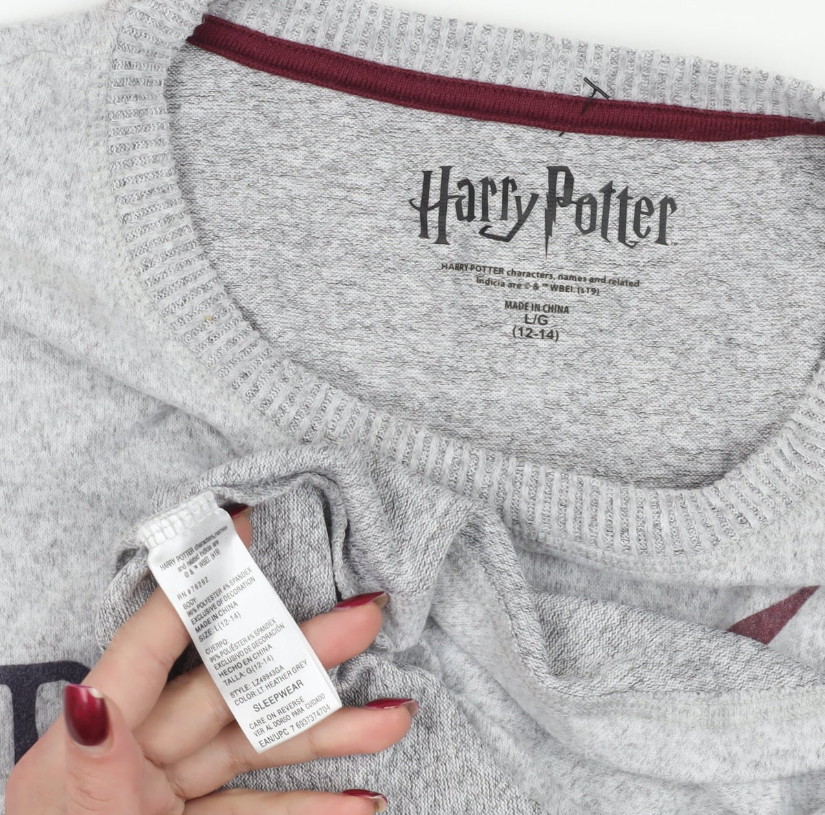 Close-up detail of Harry Potter Grey Nightshirt with 3/4 Sleeves, size 12