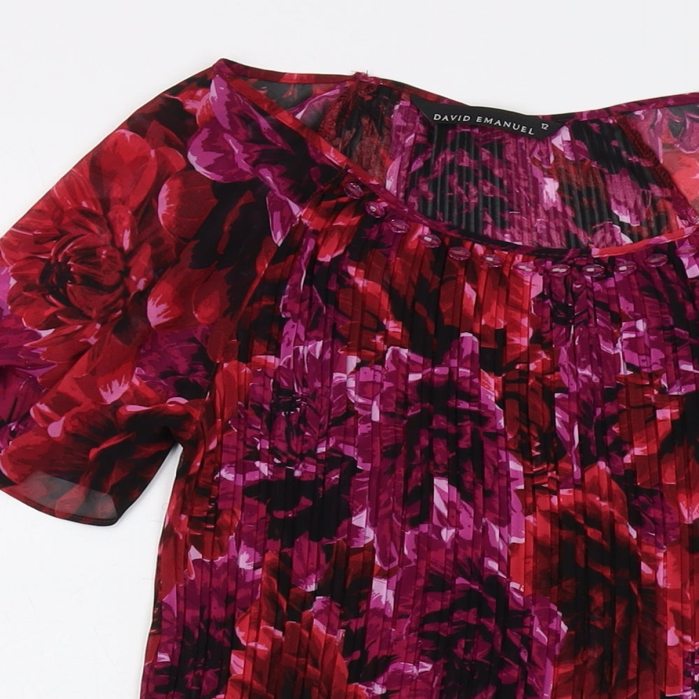David Emanuel Womens Pink Floral Polyester Basic Blouse Size 12 Round Neck