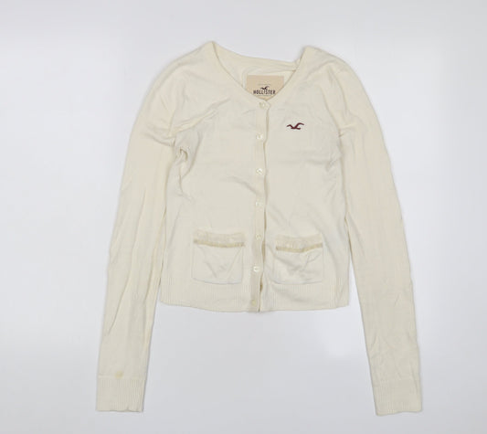 Hollister Womens Ivory Crew Neck Cotton Cardigan Jumper Size XS - Logo, Embroidered