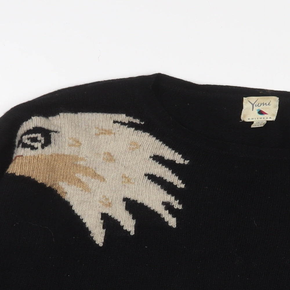 Yumi Womens Black Crew Neck Wool Pullover Jumper Size 12