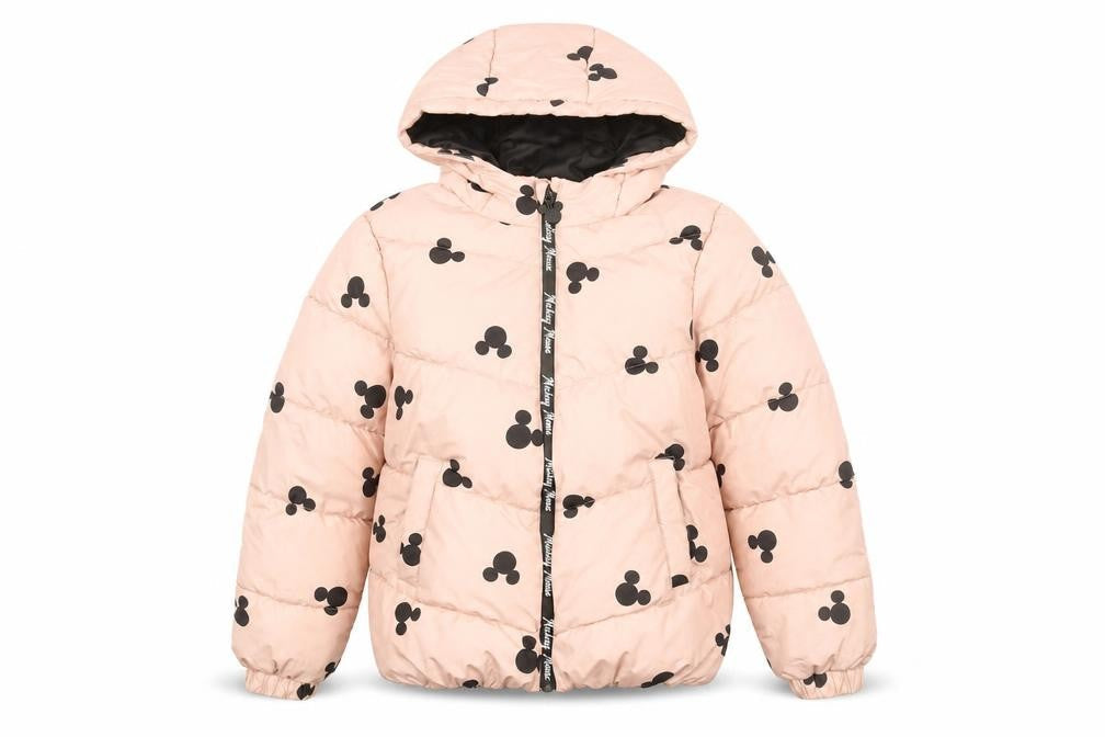 Front view of Disney girls’ pink geometric puffer jacket coat, size 10-11, years zip - mickey mouse