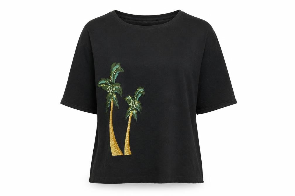 Monsoon Womens Blue Geometric Cotton Basic T-Shirt Size L Round Neck - Palm Tree Print