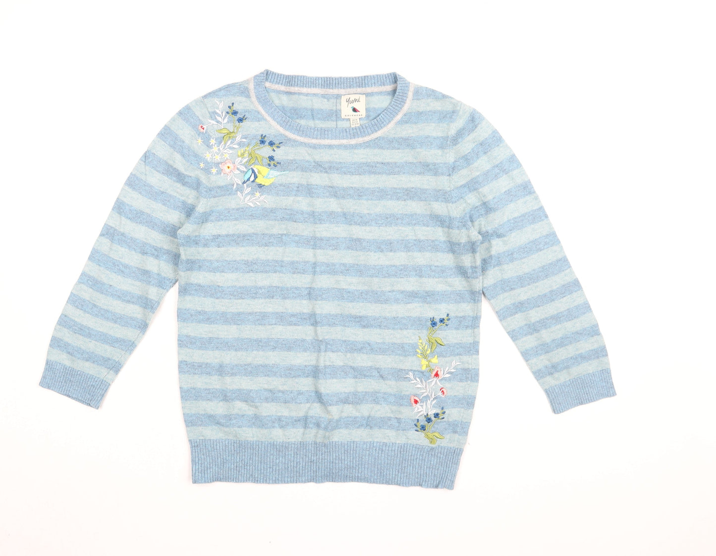 Yumi Womens Blue Round Neck Striped Polyamide Pullover Jumper Size 14 - Floral Embroidery