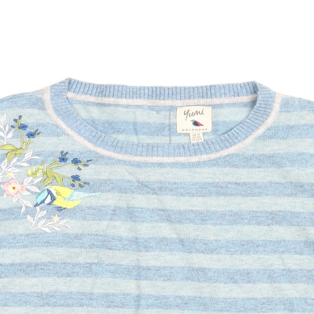 Yumi Womens Blue Round Neck Striped Polyamide Pullover Jumper Size 14 - Floral Embroidery