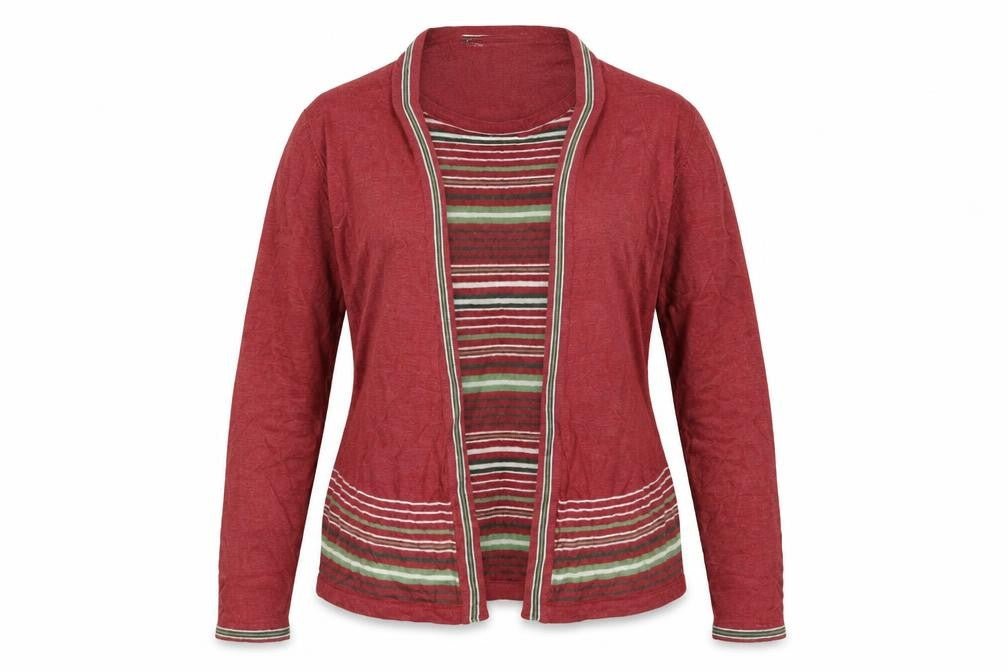 Front view of Honor Milllburn women’s multicoloured scoop neck striped acrylic jumper, size L, - layered effect