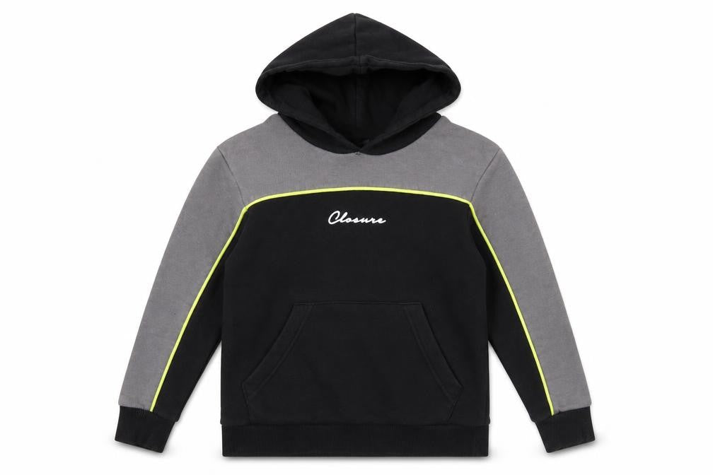 Front view of Closure boys’ black cotton pullover hoodie, size 7-8, years pullover