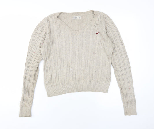Hollister Womens Beige V-Neck Cotton Pullover Jumper Size M