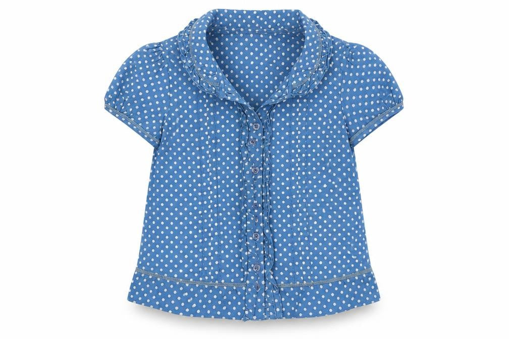 Monsoon Girls Blue Polka Dot Cotton Basic Button-Up Size 6-7 Years Collared Button