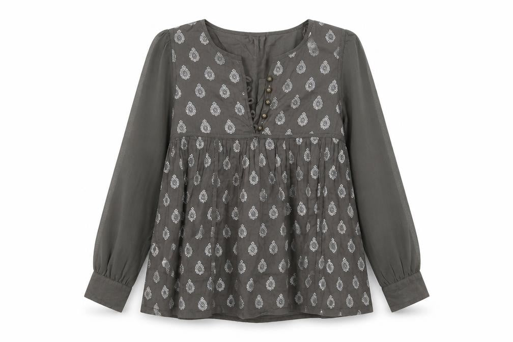 Front view of Monsoon girls’ grey geometric cotton basic blouse, size 10-11, years v-neck button