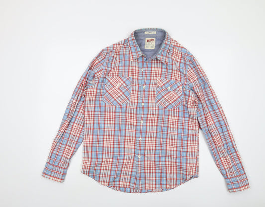 Levi's Mens Blue Plaid Cotton Button-Up Size S Collared Button