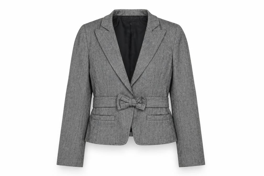 Front view of French Connection women’s grey jacket blazer, size UK 10, button - belted