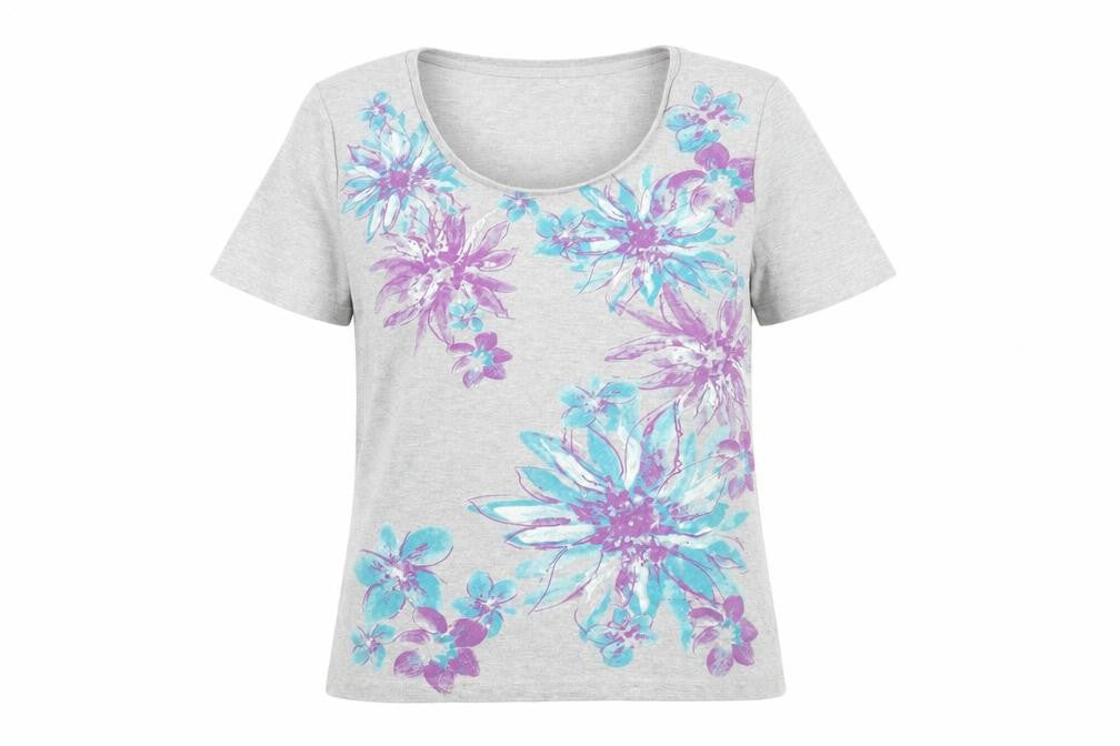 Bonmarché Womens Grey Floral Cotton Basic T-Shirt Size M Round Neck