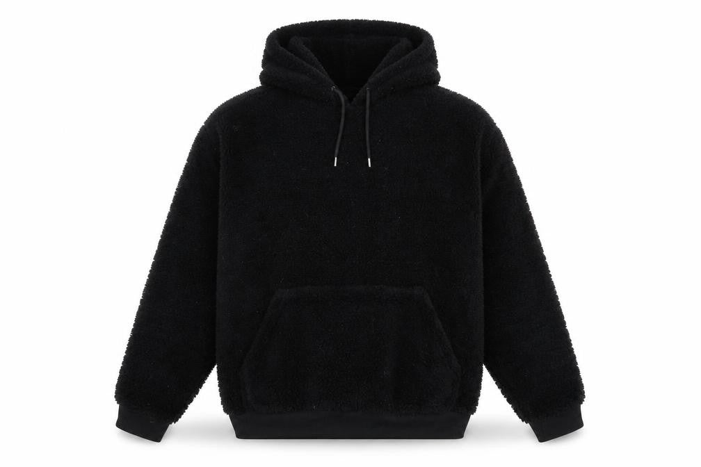 Front view of ASOS men’s black polyester pullover hoodie, size M