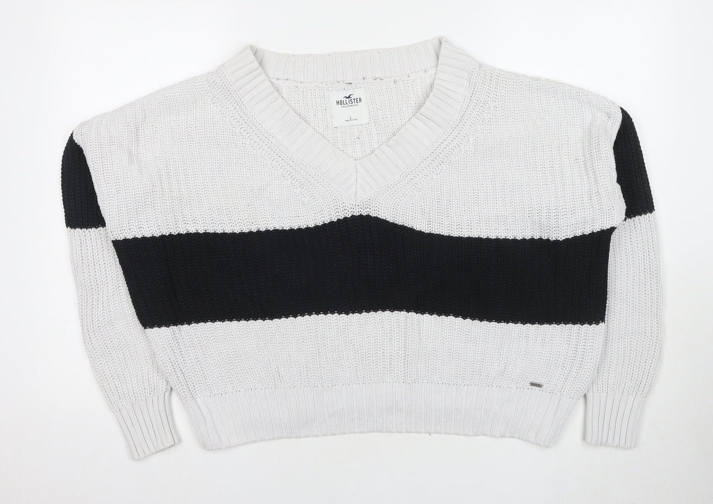 Hollister Women's White Striped Pullover Jumper L
