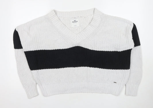 Hollister Women's White Striped Pullover Jumper L