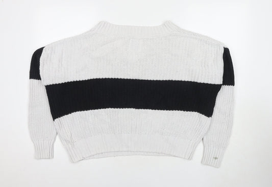 Hollister Women's White Striped Pullover Jumper L