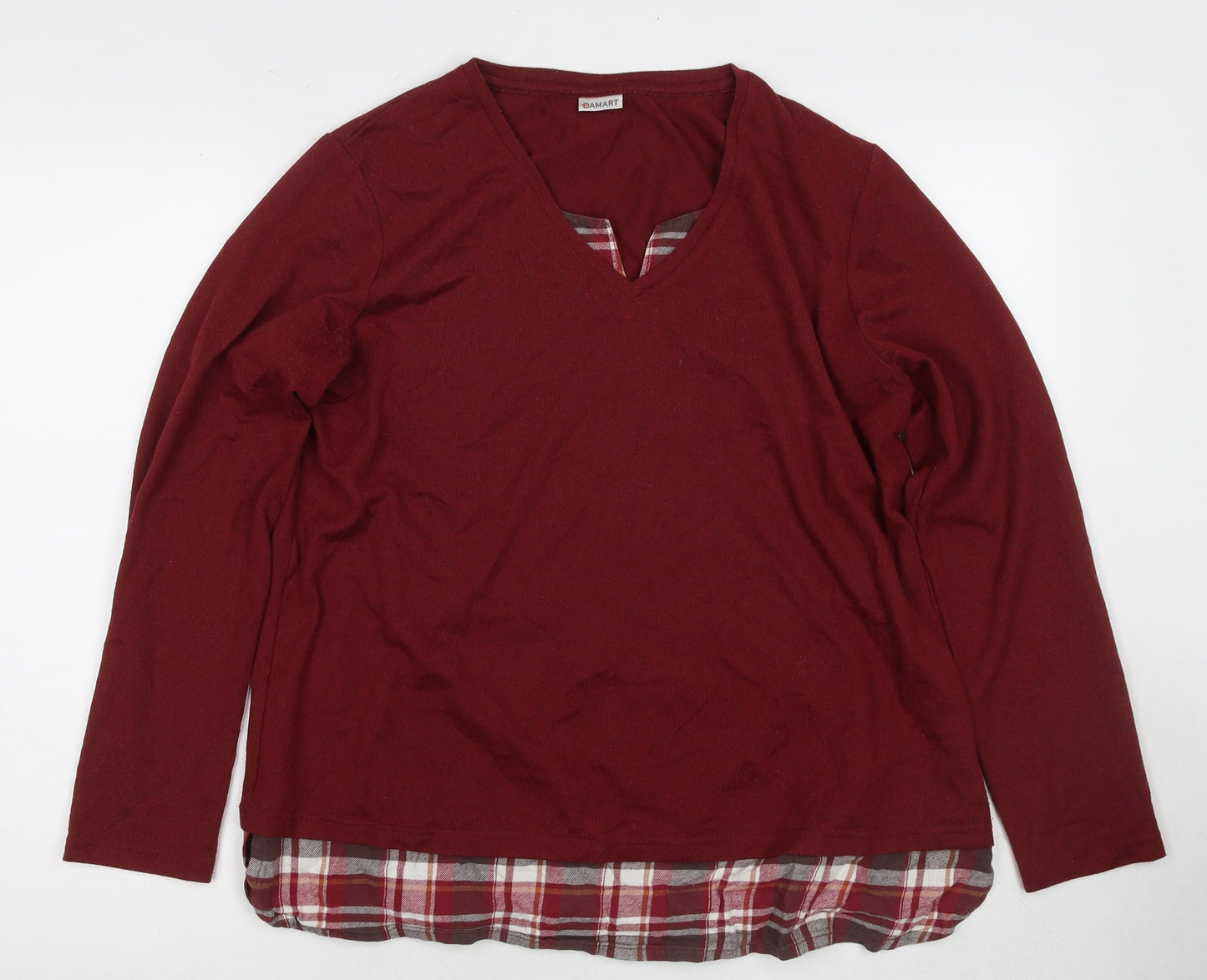 Damart Women's Red V-Neck Plaid Trim Jumper, Size L