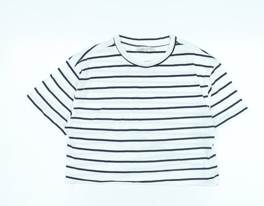 Pull & Bear White Striped Cropped T-Shirt Unisex M