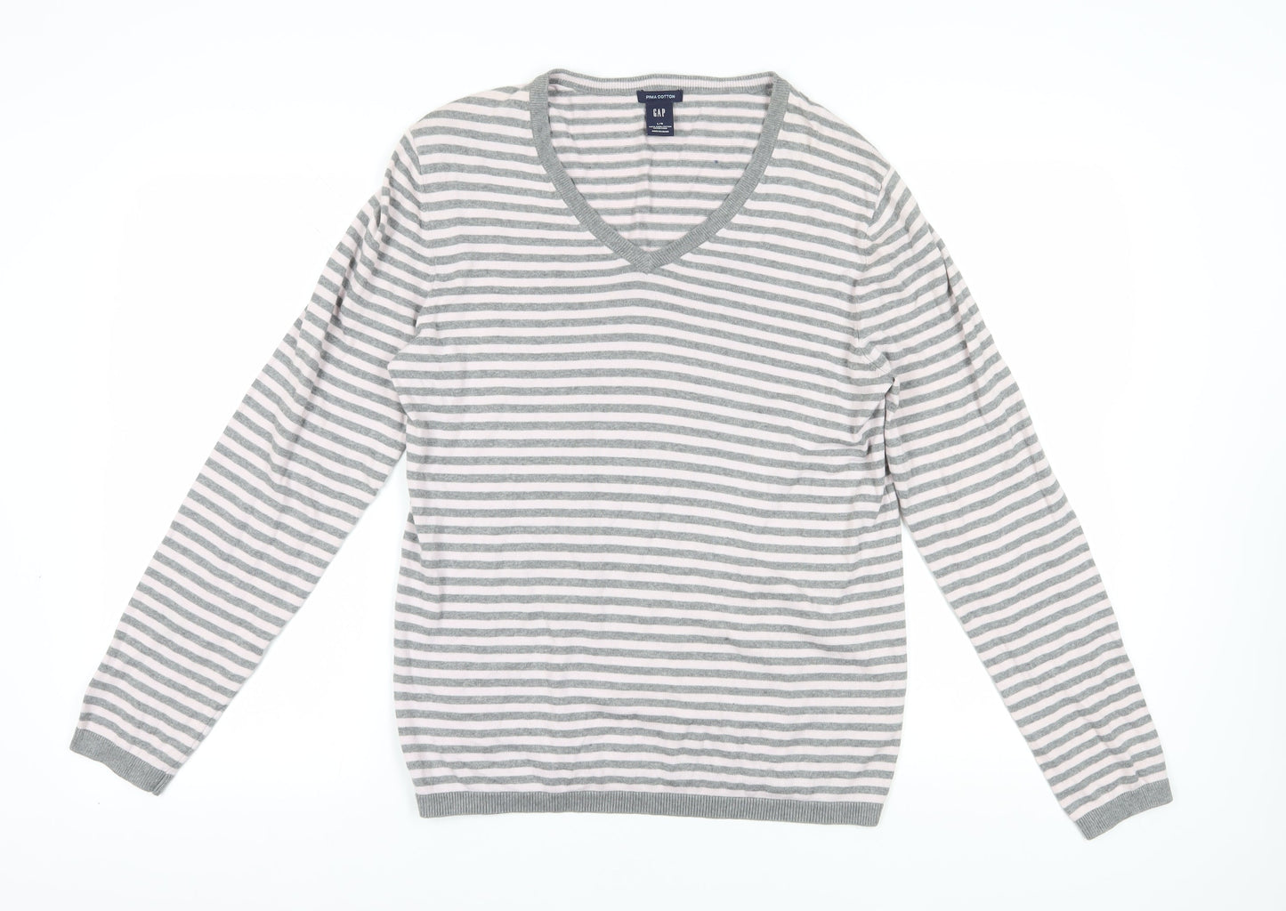 Gap Women's Grey Striped V-Neck Jumper L