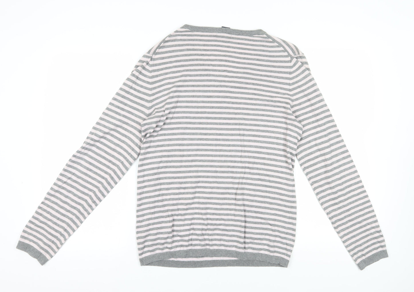 Gap Women's Grey Striped V-Neck Jumper L