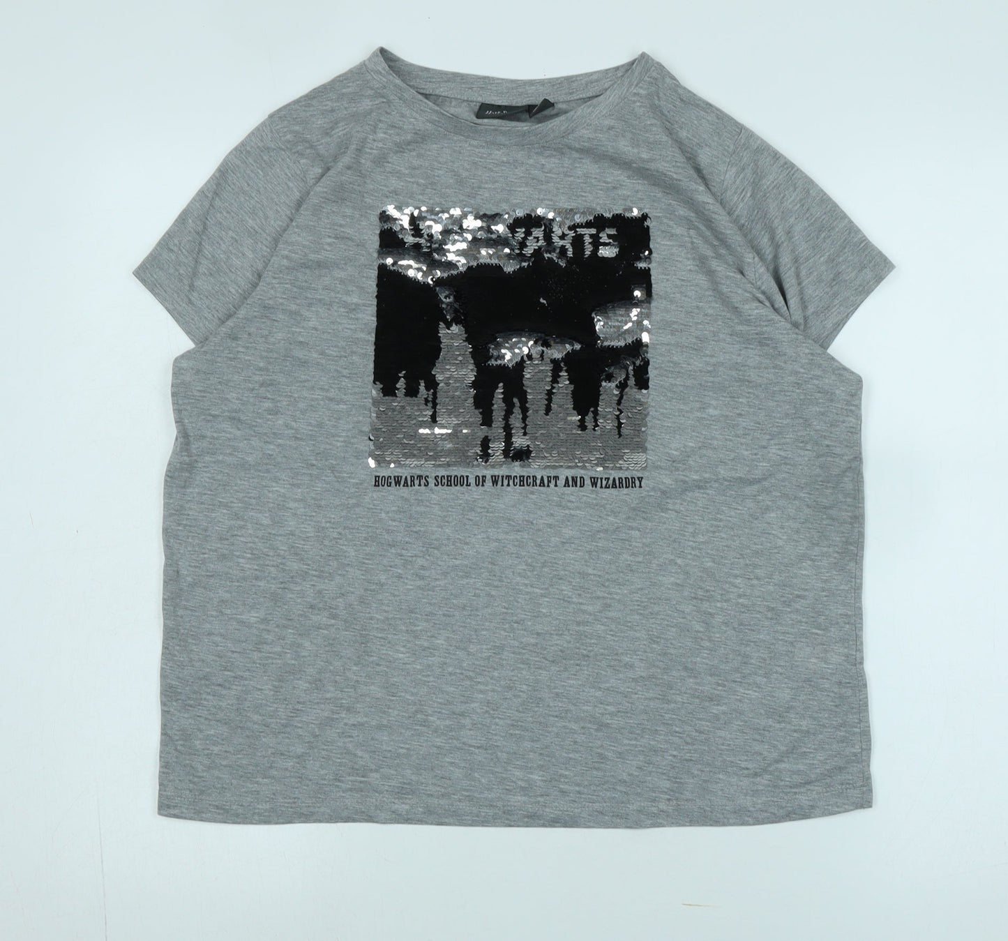 Harry Potter Unisex Grey T-Shirt L Hogwarts Sequin