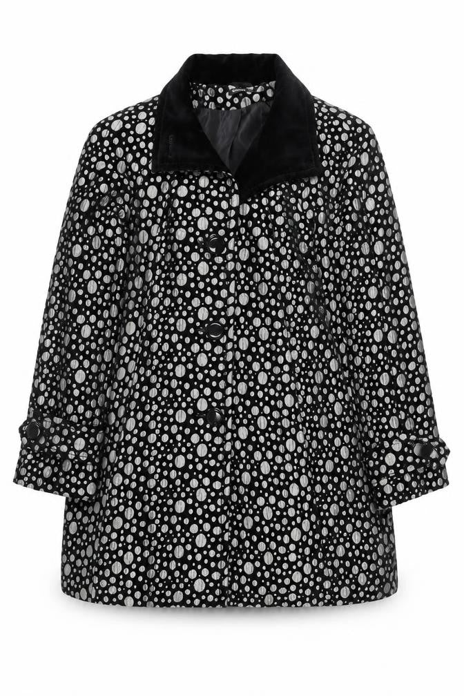 Front view of Roman Women's Black Polka Dot Mid-Length Coat