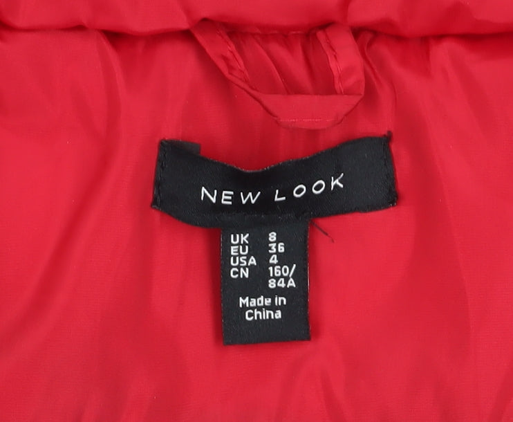 New Look Women's Red Puffer Jacket - Size 8, Hooded