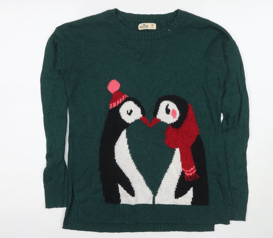 Hollister Women's Green Penguin Christmas Jumper, M