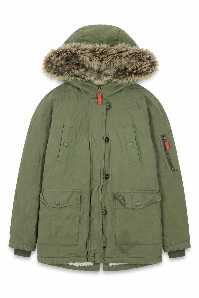 Front view of Boden girls’ green parka coat 11 years - fur trim hooded winter jacket