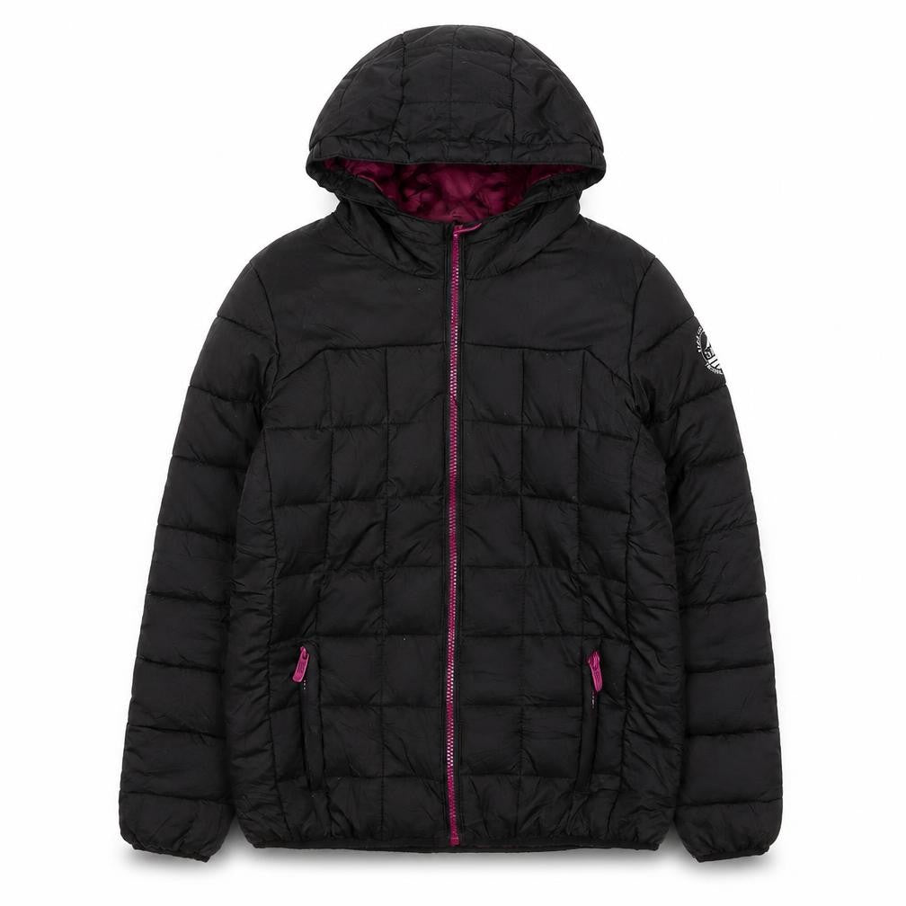 Front view of Surfanic girls’ black puffer jacket, size 14, hooded