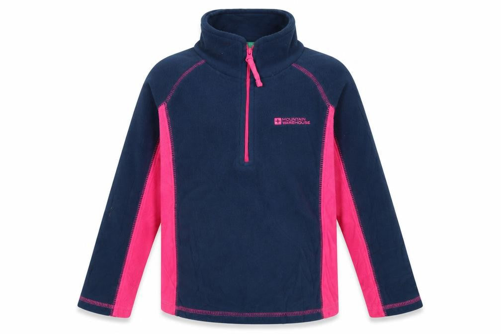 Front view of Mountain Warehouse girls’ fleece jacket blue pink 7 years