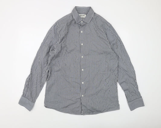 Jaeger Men's Blue Striped Button-Up Shirt L