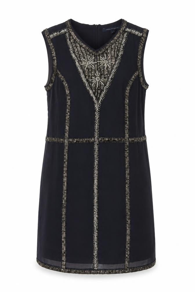 Front view of French Connection Women's Black Beaded Silk Dress, size 10