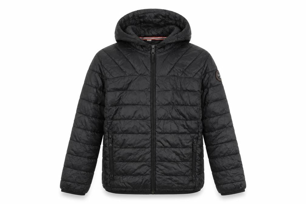 Front view of Napapijri boys’ black puffer jacket 14 hooded casual wear