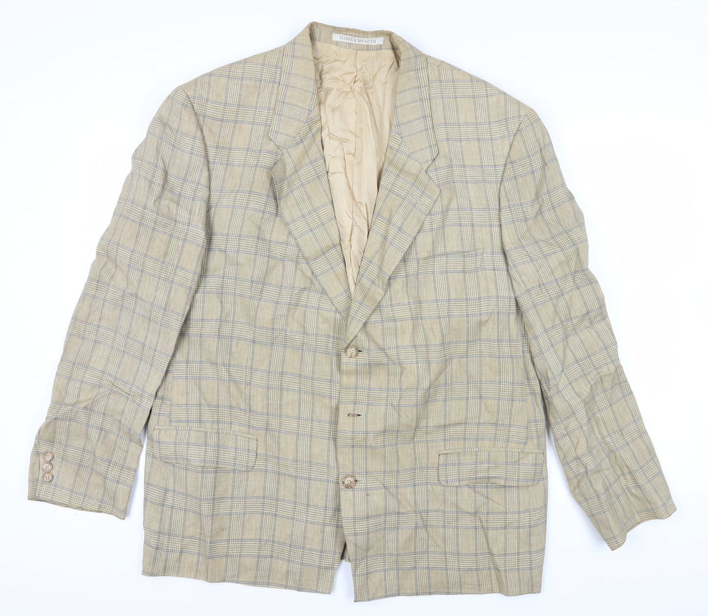 Marks and Spencer Men's Beige Check Blazer, Size 44L