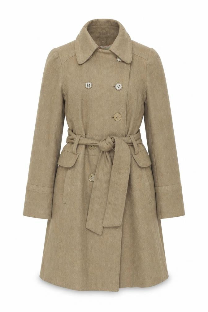 Front view of Oasis Woman's Beige Trench Coat Small Belted Button Classic