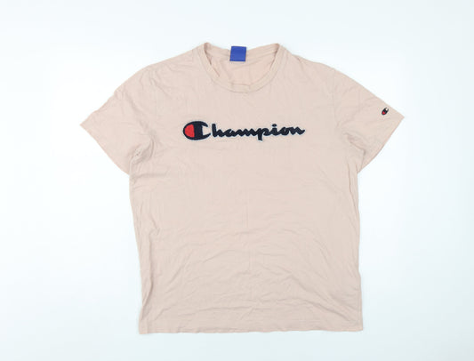 Champion Men's Beige Logo T-Shirt - L, Short Sleeve