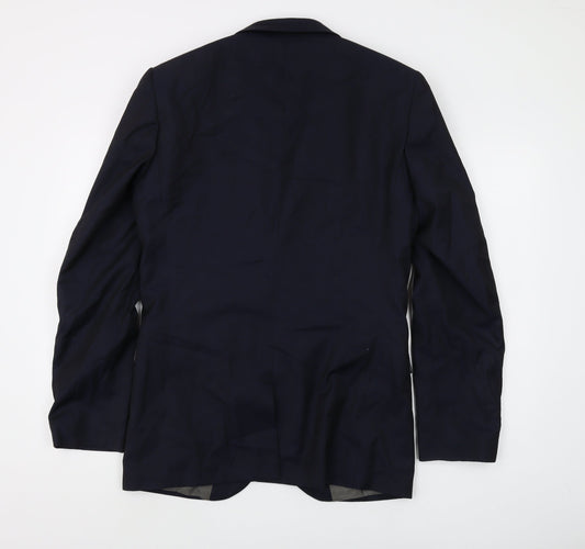 Next Men's Blue Wool Blazer 38L Long Single-Breasted