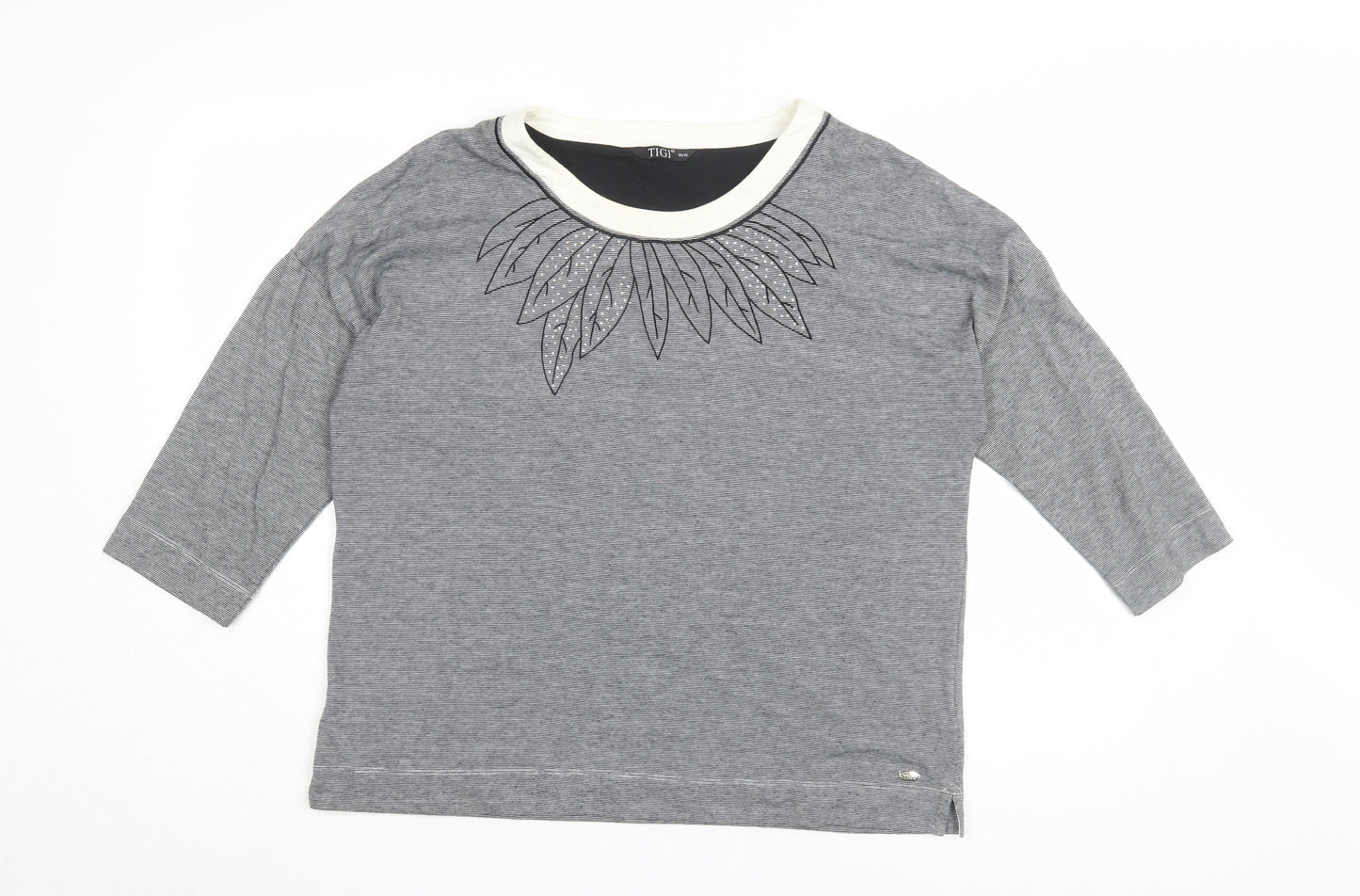 TIGI Women's Grey T-Shirt, Size 14/16, Embroidered Crew Neck