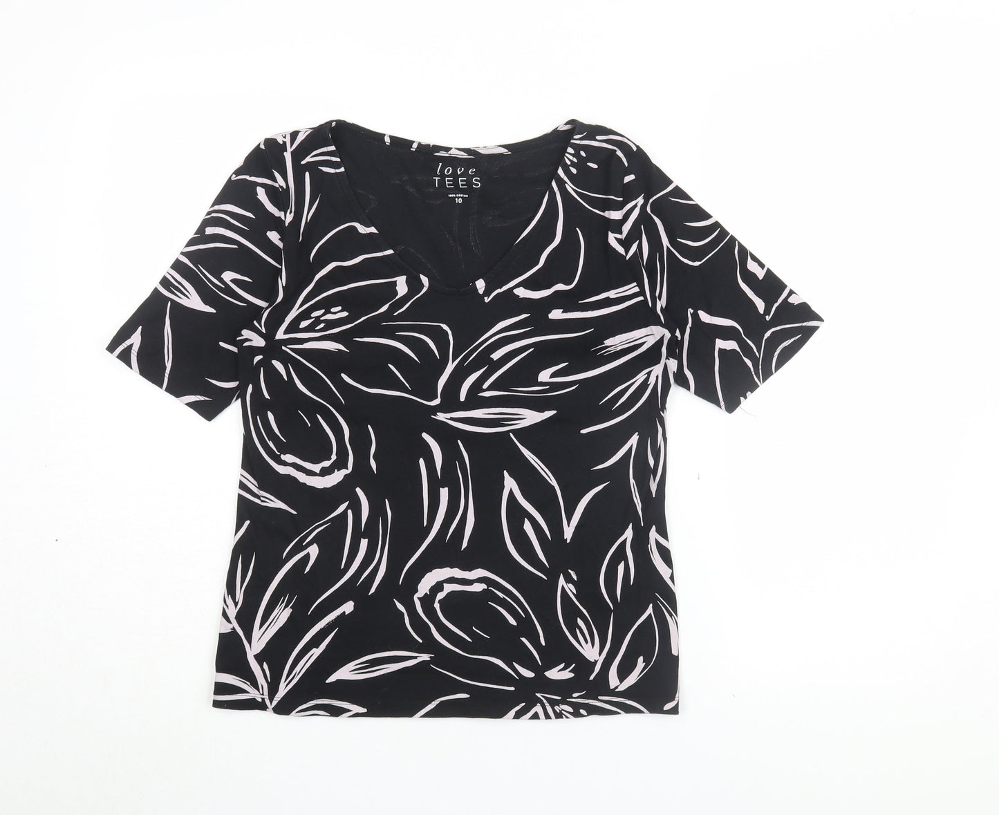 Love Tees Women's Black Floral V-Neck T-Shirt Size 10